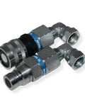 Half Inch Body With 90 Degree Elbow 1/2 In NPT Pipe Thread Flat Face Hydraulic Quick Connect Coupler For Skid Steer Attachments ISO 16028 Heavy Duty Couplings With Dust Caps TL23E, two couplers with dust caps