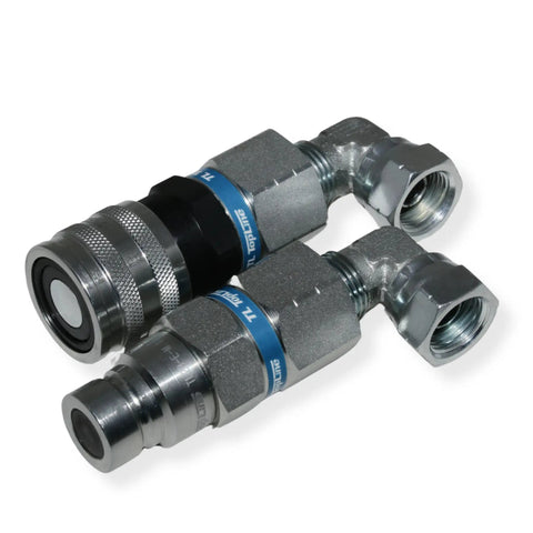 Half Inch Body With 90 Degree Elbow 1/2 In NPT Pipe Thread Flat Face Hydraulic Quick Connect Coupler For Skid Steer Attachments ISO 16028 Heavy Duty Couplings With Dust Caps TL23E, two couplers with dust caps
