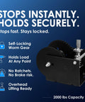 Heavy Duty Worm Gear Winch With Five-Eighth Inch Hex Drive For Drill Powered Lifting And Manual Use, 2000 Lb Capacity, 40 To 1 Gear Ratio, Rust Resistant Finish For Trailers And Heavy Equipment shown with self-locking feature and 2000 lbs capacity on a blue background with icons depicting its capabilities.