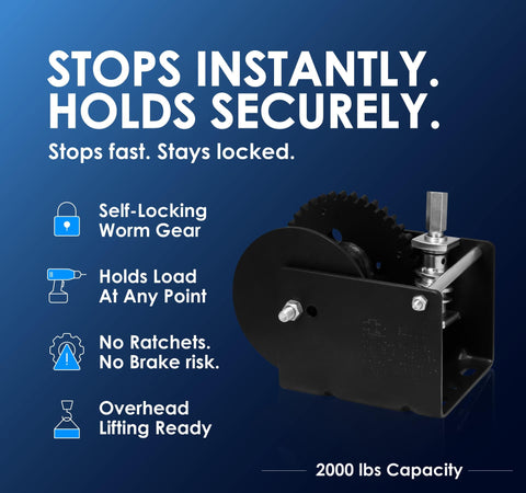 Heavy Duty Worm Gear Winch With Five-Eighth Inch Hex Drive For Drill Powered Lifting And Manual Use, 2000 Lb Capacity, 40 To 1 Gear Ratio, Rust Resistant Finish For Trailers And Heavy Equipment shown with self-locking feature and 2000 lbs capacity on a blue background with icons depicting its capabilities.