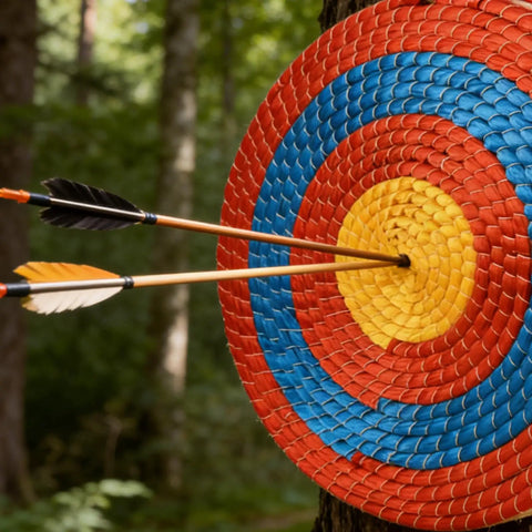 Backyard Archery Target Three Layer Thick Straw Circular Target with color rope surface hit by arrows outdoors.