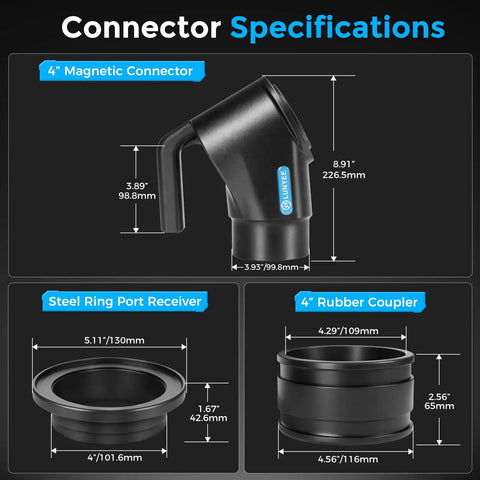 4 Inch Magnetic Dust Collection Quick Connect Kit specifications, including 4" magnetic connector and steel ring port receiver.