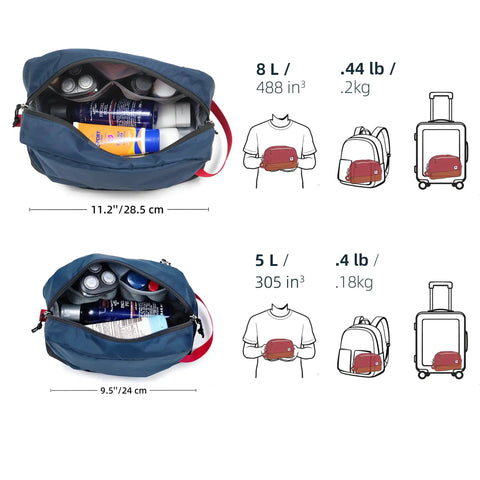 Teal Travel Toiletry Bag 5L Compact Organizer With Waterproof Wet Dry Compartment comparison with 8L version.
