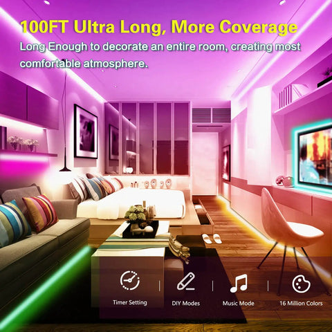 100Ft Smart WiFi LED Strip Lights With Voice Control for Bedroom and Living Room illuminating a modern living space in vibrant colors