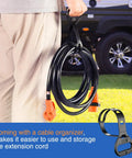 Person holding Beefy 30 Amp RV Locking Extension Cord 25 Ft 125V 10 Gauge Pure Copper STW Wire ETL Listed Weatherproof TT-30P L5-30R