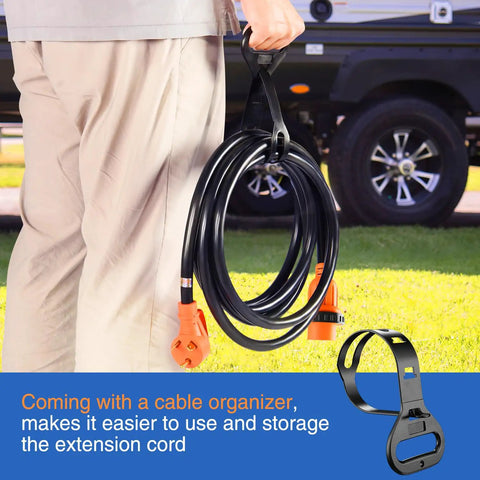 Person holding Beefy 30 Amp RV Locking Extension Cord 25 Ft 125V 10 Gauge Pure Copper STW Wire ETL Listed Weatherproof TT-30P L5-30R