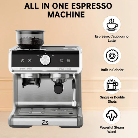 Professional Twenty Bar Espresso Machine With Integrated Grinder And PID Temperature Control Brews Killer Shots Anytime Include Ninety Five Ounce Tank Perfect For Easy Lattes And Creamy Cappuccinos Daily, all-in-one design with built-in grinder.