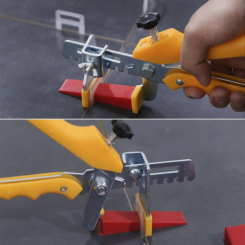 Pro Tile Leveling Kit With 1200 Clips 400 Reusable Wedges And Pliers For One Eighth Inch Gap Tile Laying in use.