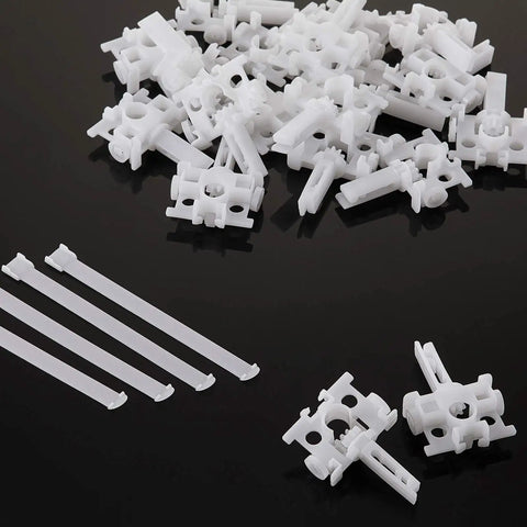 Vertical Blind Repair Tabs Kit 20 Pieces Replacement Slats Window Fixer Parts with white plastic slides and rods on black background.