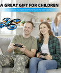 Couple using controllers with Lit RC Drone With Auto Hover and Headless Mode Quad Copter With LED Lights Full Propeller Guards