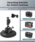 6 Inch Suction Cup Mount With Ball Head Magic Arm for Action Cameras displayed with GoPro, Insta360, and DJI Osmo Action