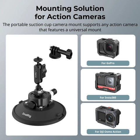 6 Inch Suction Cup Mount With Ball Head Magic Arm for Action Cameras displayed with GoPro, Insta360, and DJI Osmo Action