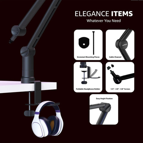 Adjustable Dope Broadcast Microphone Arm With Desk Mount, headphone holder, and cable channel accessories, 360-degree rotation shown