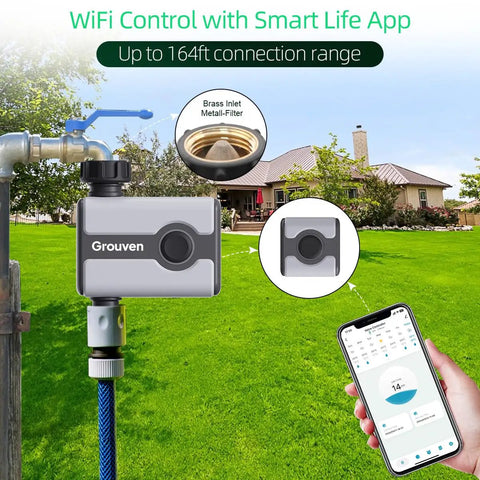 WiFi Sprinkler Timer with Brass Inlet for lawn app control shown installed on outdoor faucet with smartphone interface