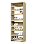 Slanted Shoe Shelf Tower And Modular Closet Organizer Unit With Premium Oak Finish Spanning 31 Point 5 Inches Wide displaying various footwear.