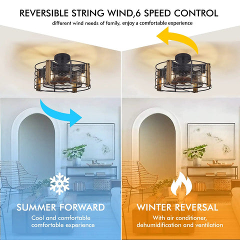 Wooden Farmhouse Ceiling Fan With Lights, Cage Style; shows reversible string wind 6-speed control for summer and winter use