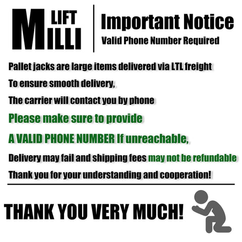 Important notice about delivery requirements for Heavy Duty Electric Pallet Jack With 3300 LB Capacity, Huge 45 By 27 Inch Forks.