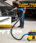 Person using Cordless 2.5 Gallon Wet Dry Shop Vacuum With 15KPa Suction in garage with extension tube, DeWalt battery compatible