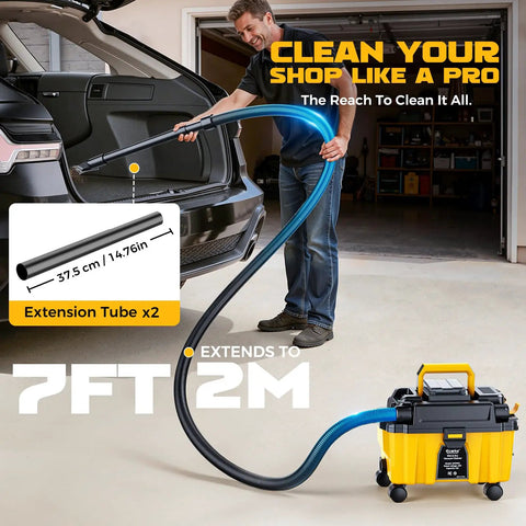 Person using Cordless 2.5 Gallon Wet Dry Shop Vacuum With 15KPa Suction in garage with extension tube, DeWalt battery compatible
