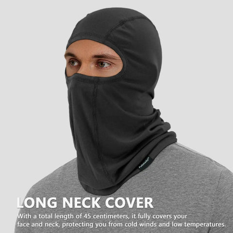 Cooling Balaclava Face Mask With Merino Wool And Lyocell For Men And Women, shown on a model with full face and neck coverage.