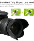 58mm Tulip Lens Hood With UV Filter For Canon DSLRs like Rebel T8i, shown attached to camera, before and after glare reduction