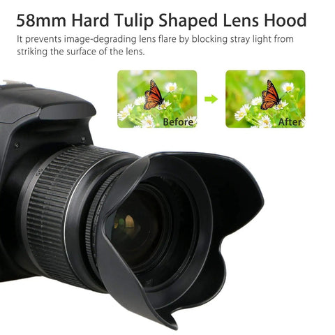 58mm Tulip Lens Hood With UV Filter For Canon DSLRs like Rebel T8i, shown attached to camera, before and after glare reduction