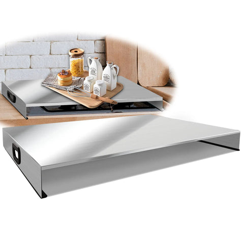 Stainless Steel Stove Top Cover Noodle Board Kitchen Organizer for Gas and Electric Stoves expands counter space and doubles as a cutting board sink cover 30 by 22 by 3 inches silver with decor items displayed