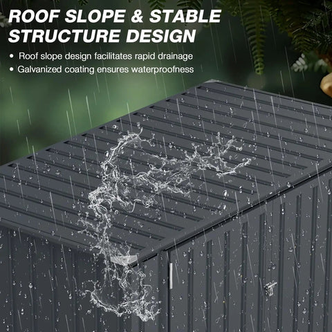 Heavy Duty 3 By 6 Ft Outdoor Storage Shed For Trash Cans And Bikes, waterproof roof design with rain on dark grey surface