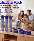 Six Pack Vacuum Filter Replacement Kit For V7 And V8 Cordless Vacuum Cleaners With Three Post Filters And Three Pre Filters Replaces Part Numbers 96566101 And 96747801 For V7 Animal V7 Absolute V8 Animal And V8 Absolute displayed on table with family and dog in background