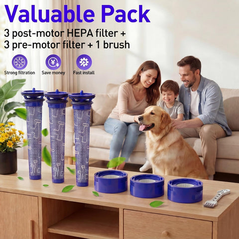 Six Pack Vacuum Filter Replacement Kit For V7 And V8 Cordless Vacuum Cleaners With Three Post Filters And Three Pre Filters Replaces Part Numbers 96566101 And 96747801 For V7 Animal V7 Absolute V8 Animal And V8 Absolute displayed on table with family and dog in background