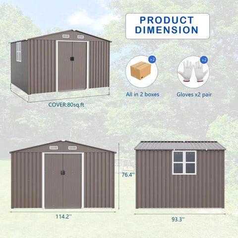 10 Foot By 8 Foot Outdoor Storage Shed Made From Galvanized Metal With Vents And Sliding Door Waterproof Garden Tool Shed For Patio Or Backyard To Store Bikes Lawn Equipment Tools And More, showing cover dimensions and packaging details