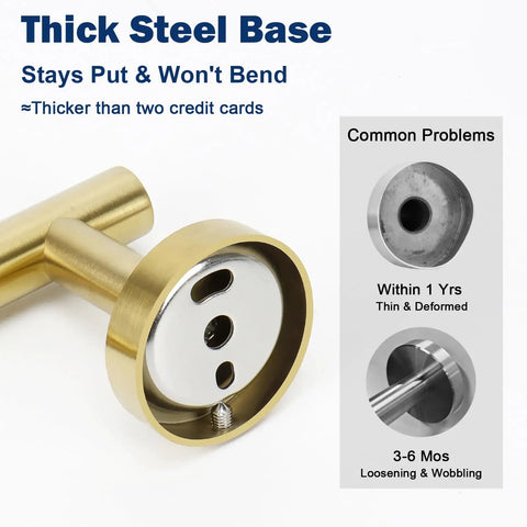 Beefy Heavy Duty Wall Mounted Brushed Gold Stainless Steel Coat Hooks And Towel Hooks Set base detail with thick steel base.