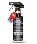 Industrial-grade grout sealer spray bottle with long-lasting protection label and attached tag.