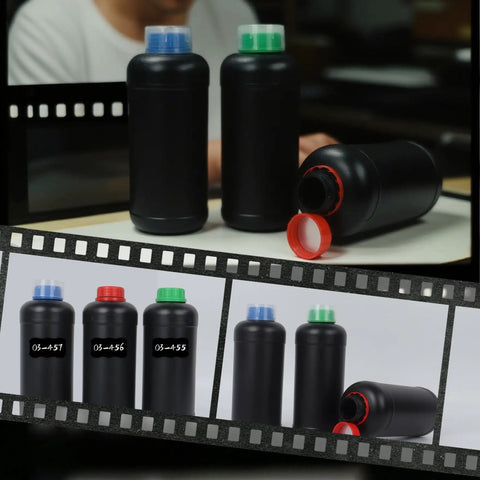 Three 1000ml darkroom chemical storage bottles with measuring cups for film developing, durable HDPE plastic containers