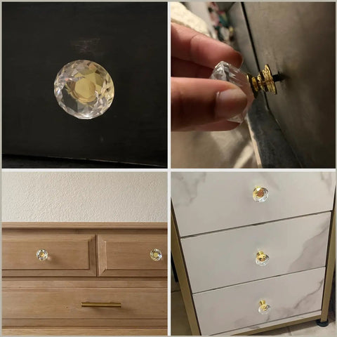 Collage of 5 Pack Crystal Glass Cabinet Knobs 30mm Clear Diamond Shape With Gold Base Pulls installed on various drawers