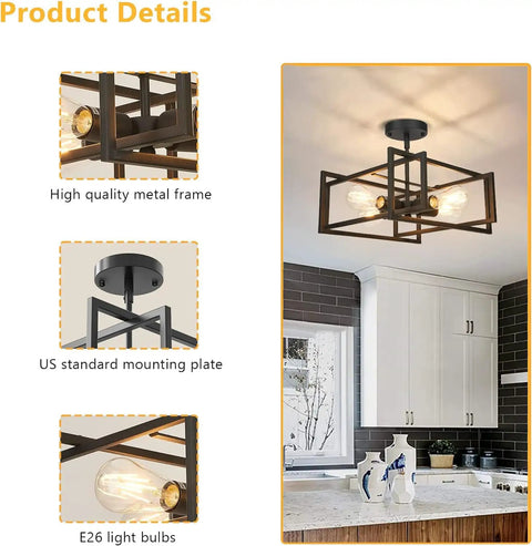 Industrial 4 Light Semi Flush Mount Ceiling Light Fixture Black Metal Farmhouse Style in kitchen with open frames and visible bulbs