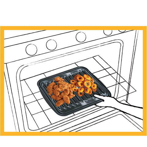 Two Piece Air Fry Bake And Broil Pan Set for Ovens and Grills with food, black porcelain finish, in oven.