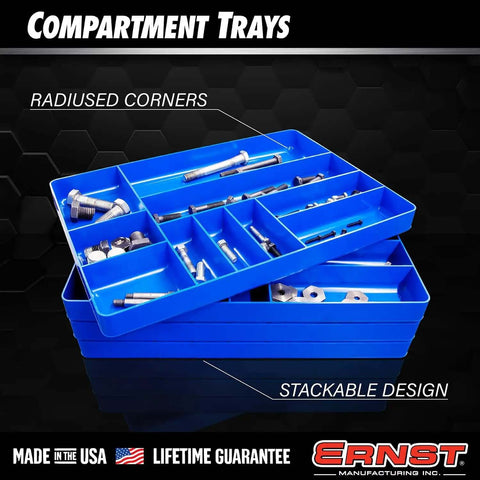 Blue stackable 10-compartment tool organizer tray filled with bolts and screws designed for garage and workshop use.
