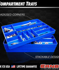 Heavy Duty 10 Compartment Drawer Organizer For Garage Tool Box Storage A Low Profile Stackable Tray in blue, loaded with bolts.
