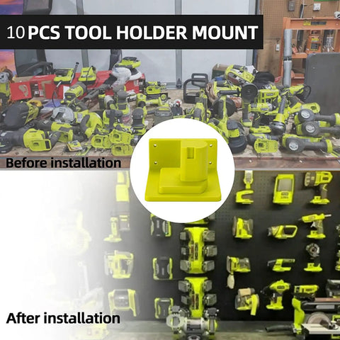 Before and after view of garage with 10 Pack Tool Holder Dock Mount For 18V Drills And Batteries, Wall Mounted Organizer Rack.