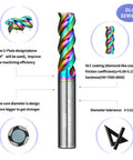 Pro-Grade DLC Diamond-Like Coated Carbide End Mill Set 1/4 Inch 5 Pack 3 Flute Square End Mills For Aluminum Copper Magnesium Alloys High Silicon Aluminum And Composite Materials, front view with specifications.