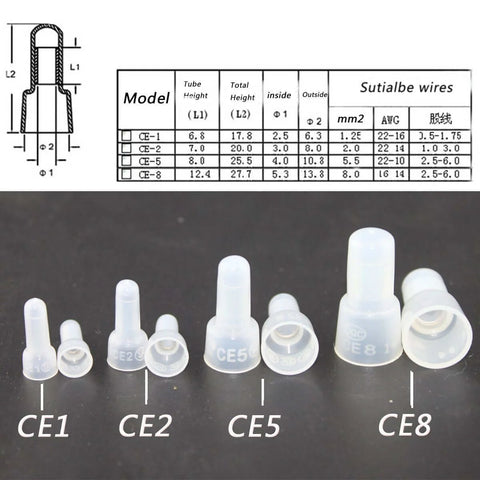 Various sizes of CE wire crimp connectors with chart, including 1000Pcs CE2 Closed End Wire Crimp Connectors Protective Cap Nylon Crimp Cap With Tin Plated Copper Ferrule Terminal Built Tough And Easy To Use For Connecting Two Or More Wires, Corrosion And Chemical Resistant.