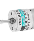 Close-up of XD-25GA370 DC Gear Motor With Metal Gearbox showing shaft and housing details.