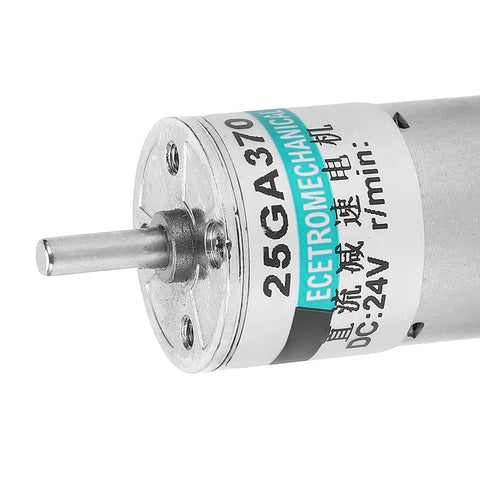 Close-up of XD-25GA370 DC Gear Motor With Metal Gearbox showing shaft and housing details.