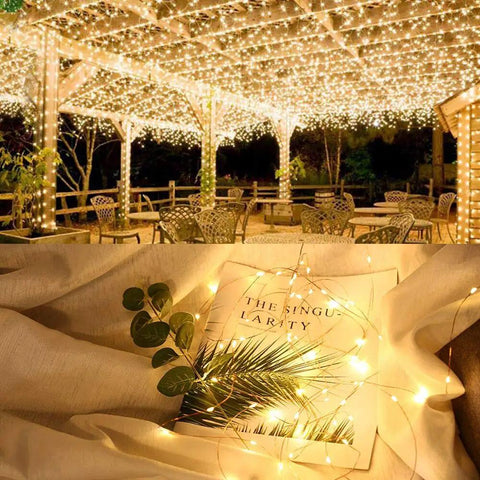 2 Pack Solar String Lights 132Ft Of Warm White LED Fairy Lights, 400 LED Total decorating outdoor patio and fabric surface