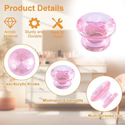 Mini Acrylic Pull Knobs 24 Pack Diamond Shaped Self Stick No Drilling Pink DIY Friendly Decorative Handles For Closet Dresser Boxes Gift Cases And Small Furniture Crystal Clear Hardware; pink diamond shaped acrylic knob shown in clear material highlighting features including minimalist design, sturdy construction, and multi-purpose use in a domestic setting.