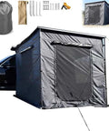 Retractable Car Side Awning For SUV Overland Camping With 420D Oxford PU Waterproof Roof Rack Tent, setup view with brackets and storage bag.