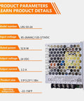 Rock Solid Workhorse 52.8W Enclosed Switching Power Supply with specifications, showing model LRS-50-24 and voltage details.