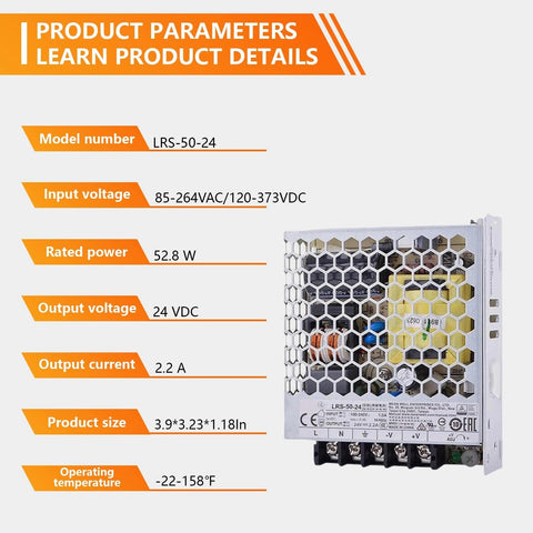 Rock Solid Workhorse 52.8W Enclosed Switching Power Supply with specifications, showing model LRS-50-24 and voltage details.