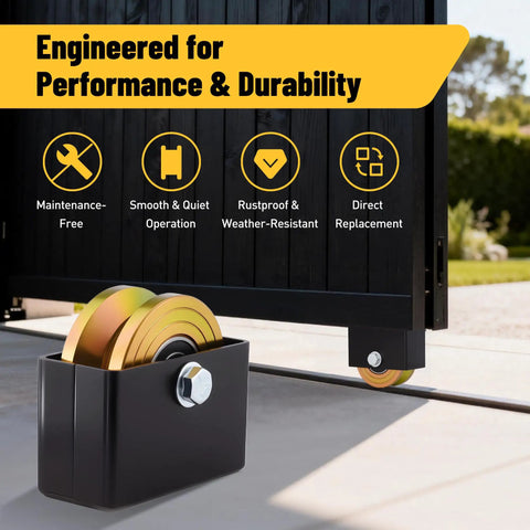 2 Pack Built Tough 4 Inch V Groove Sliding Gate Rollers With Welded Brackets And Dual Sealed Bearings crushing a solid 3000 pound load.